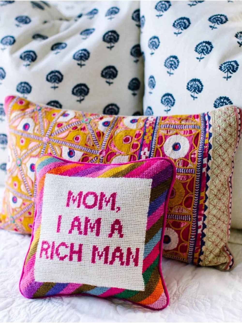 Embroidered 'Mom, I Am A Rich Man' Accent Pillow - Pink Multicolor